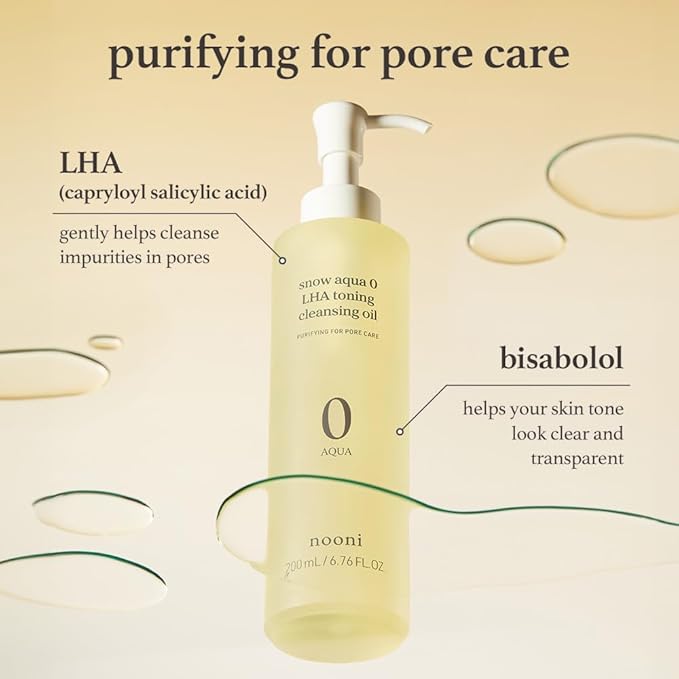 NOONI Facial Cleanser - Snow Aqua 0 LHA Toning Cleansing Oil | Makeup Blackhead Remover, Pore Control, Glass Skin, Help Control Sebum, Revitalizing, Mother's Day, 6.76 Fl Oz (200 ml)