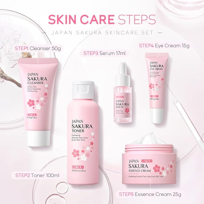 Travel Skincare Set for Women and Teens, Facial Skin Care Gift Set with Vitamin C & Cherry Blossom, Gentle Skin Cleaning & Care Set | Cleanser Toner Serum Eye Cream Face Cream (5PCS)