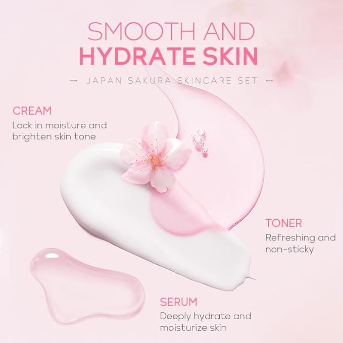 Travel Skincare Set for Women and Teens, Facial Skin Care Gift Set with Vitamin C & Cherry Blossom, Gentle Skin Cleaning & Care Set | Cleanser Toner Serum Eye Cream Face Cream (5PCS)