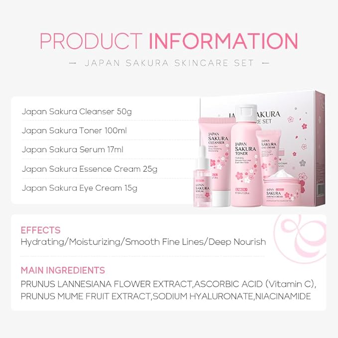 Travel Skincare Set for Women and Teens, Facial Skin Care Gift Set with Vitamin C & Cherry Blossom, Gentle Skin Cleaning & Care Set | Cleanser Toner Serum Eye Cream Face Cream (5PCS)