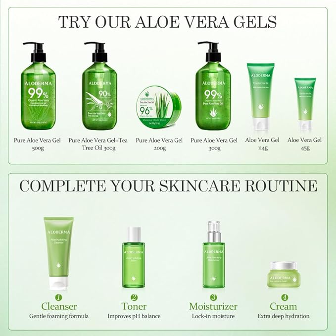 Aloderma Basic Aloe Soothing & Repairing Skin Care Set - 4 Pieces - 200g Aloe Vera Gel x 2pcs, Soothing Cleanser, Soothing Cream
