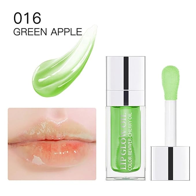 Hydrating Lip Glow Oil, Lip Oil Gloss Transparent Toot Tinted Nourishing Long Lasting Repairing Lightening Lip Lines (GREEN APPLE) 0.2 OZ