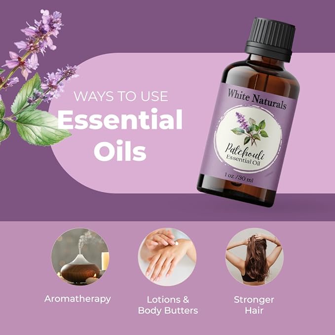 White Naturals Patchouli Essential Oil – 100% Pure & Natural, Earthy Aromatherapy Oil for Relaxation, Skin Care, & DIY Products, 1oz
