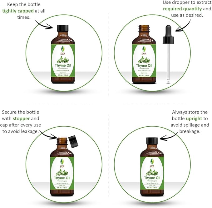 SVA Thyme Essential Oil – 4 Fl Oz – 100% Natural Thyme Oil - for Diffuser, Hair Care, Face, Skin Care, Aromatherapy, Scalp and Body Massage, Soap and Candle Making – with Dropper