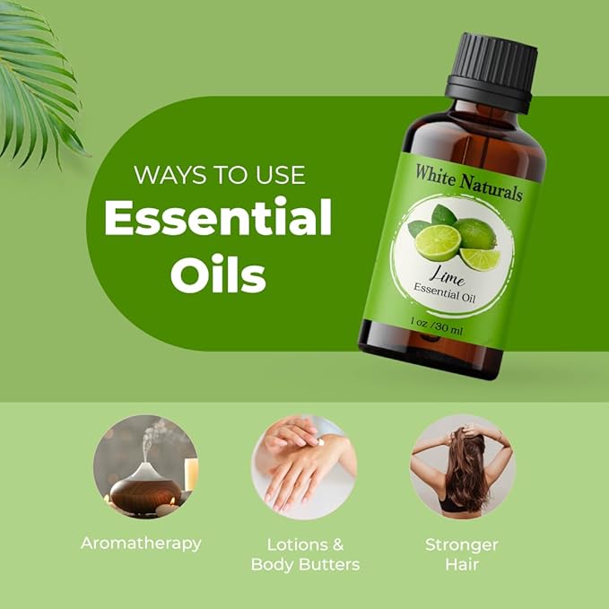 White Naturals Lime Essential Oil – 100% Pure & Natural Cold-Pressed Lime Oil, Fresh & Uplifting Citrus Aroma, Ideal for Aromatherapy, Cleaning & DIY Skin Care, 1oz