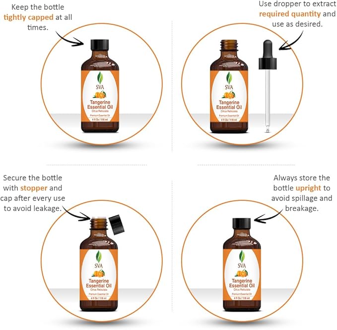 SVA Tangerine Essential Oil – 4 Fl Oz – 100% Natural Tangerine Oil - for Diffuser, Hair Care, Face, Skin Care, Aromatherapy, Scalp and Body Massage, Soap and Candle Making – with Dropper