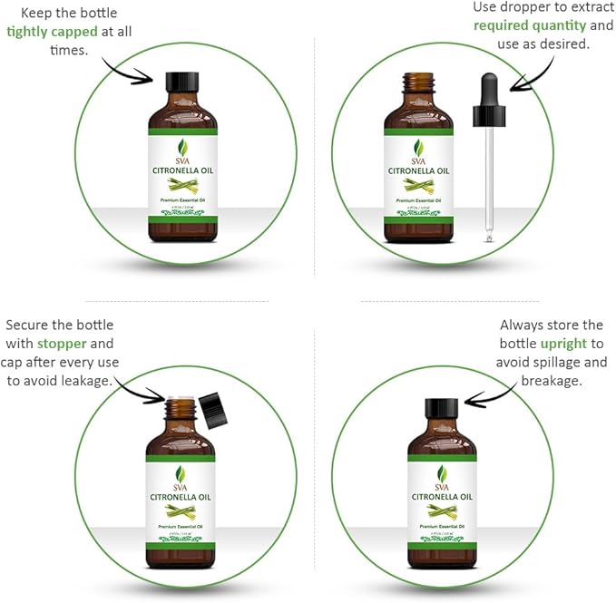 SVA Citronella Essential Oil – 4 Fl Oz – 100% Natural Citronella Oil - for Diffuser, Hair Care, Face, Skin Care, Aromatherapy, Scalp and Body Massage, Soap and Candle Making - with Dropper