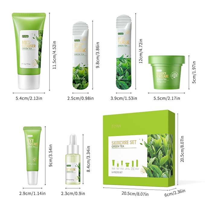 Green Tea Skincare Set, Organic Skin Care Kits Gift Set for Women/Girls, Facial Skincare Routine Kit with Cleanser, Toner, Serum, Cream, Lotion, Eye Cream, Hydrated Skincare Starter Beauty Gift Set