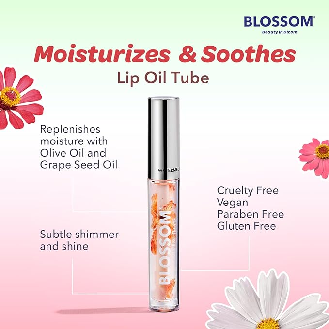 Blossom Lip Gloss & Lip Oil with Olive Oil + Grape Seed Oil, Moisturizing and Hydrating Shimmer Sparkle, Infused with Real Flowers, 3g, Watermelon