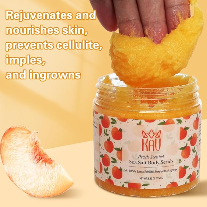 KAV Salt Body Scrub - Natural Exfoliating Salt Scrub for Body and Face, Helps with Moisturizing Skin, Dead Cell Removal, Rejuvenation and Relaxation, 4 Scents (Peach)
