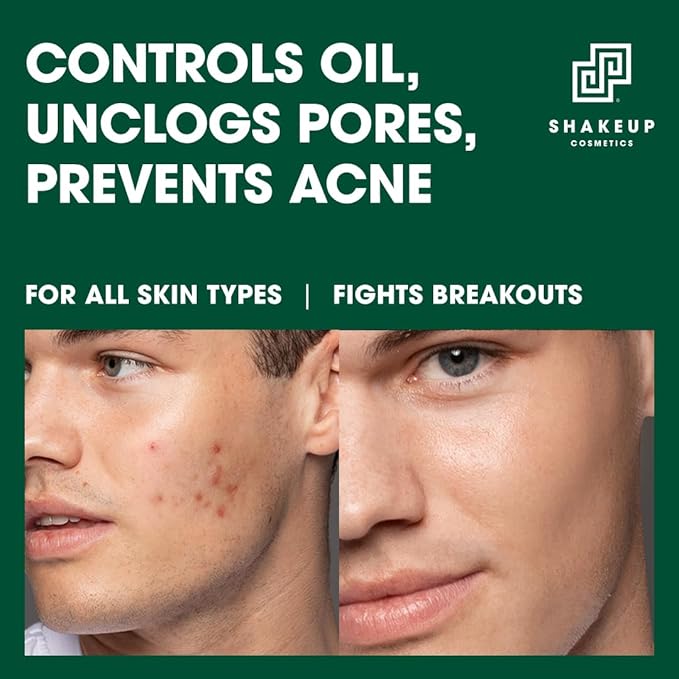 Mens Oil Control 4-Piece Skincare Set, for Oily & Acne Skin, including a Face Scrub, Skin-Clearing Toner, Light Moisturiser, plus a Wash Bag. Aka. SHAKEUP OIL CONTROL POWER PACK
