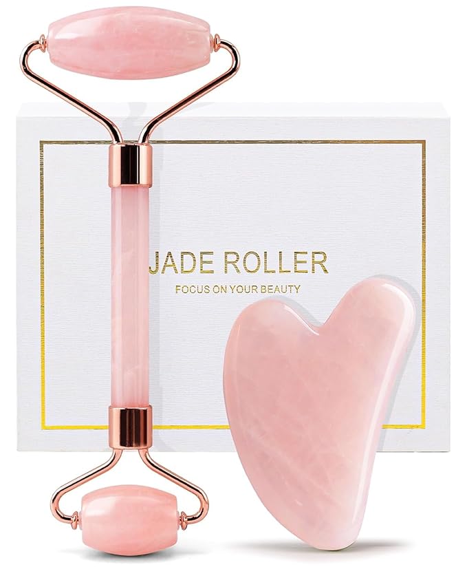 huefull Face Massager Rose Quartz Face Roller & Gua Sha Facial Tool Set, Muscle Tension Relief, Skin Care Gifts for Woman/Men, Self Care Gifts