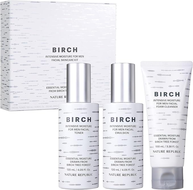 Nature Republic Birch Intensive for Men Skin Care Kit, Face Wash & Moisturizer for Hydrated Skin, Facial Toner (4.05 Fl.Oz) Emulsion (4.05 Fl.Oz) Cleaner (3.38 Fl.Oz), Korean Gift Sets