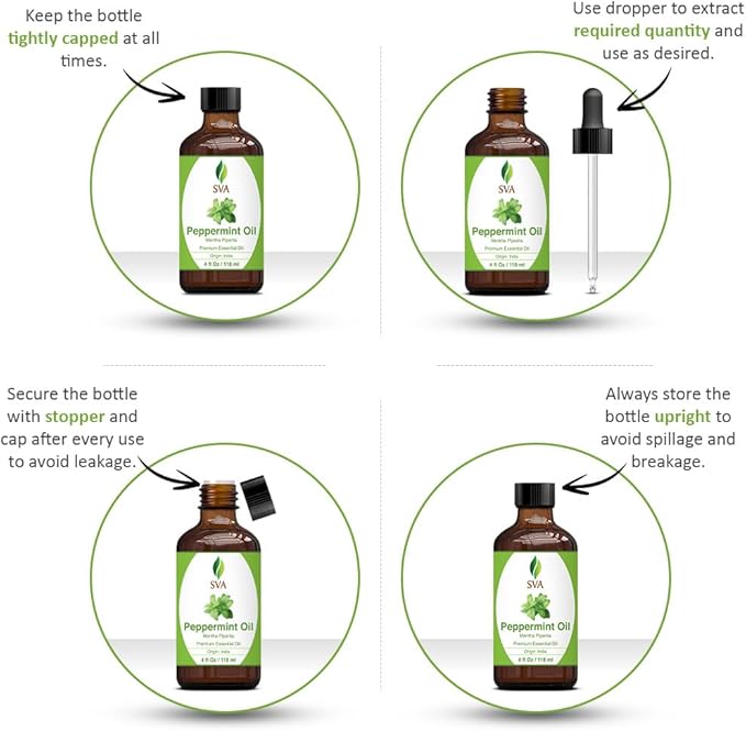 SVA Peppermint Piperita Essential Oil – 4 Fl Oz – 100% Natural Piperita Oil - for Diffuser, Hair Care, Face, Skin Care, Aromatherapy, Scalp and Body Massage, Soap and Candle Making - with Dropper