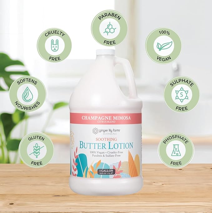 Ginger Lily Farms Botanicals Soothing Butter Lotion for Dry Skin, Champagne Mimosa, 100% Vegan & Cruelty-Free, Citrus Blend Scent, 1 Gallon (128 fl oz) Refill