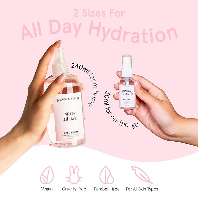 grace & stella Award Winning Rose Water Facial Spray (30ml) - Vegan - Rose Water Spray Toner for Face - Rose Spray Facial Mist - Rosewater Spray Rose Hydrosol