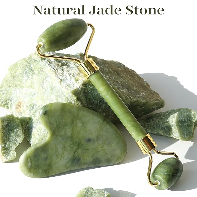 BAIMEI Jade Roller & Gua Sha, Face Roller, Facial Beauty Roller Skin Care Tools, Self Care Gift for Men Women, Massager for Face, Eyes, Neck, Relieve Fine Lines and Wrinkles - Green