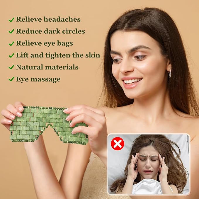 gemshan 3Pcs Jade Eye Mask and Scalp Massager Set Green Jade Stone Eye Mask Puffiness Esthetician Supplies Resin Gua Sha Comb for Scalp Stress Relief Deep Relaxation Gift