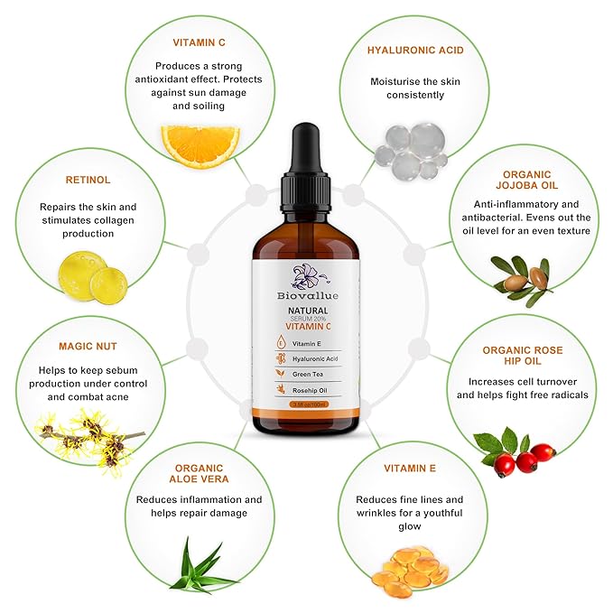 PREMIUM HYALURONIC SERUM 100ML + VITAMIN A + VITAMIN C + VITAMIN E - ALOE VERA - JOJOBA OIL + ROSE HIP OIL WITH ORGANIC INGREDIENTS.