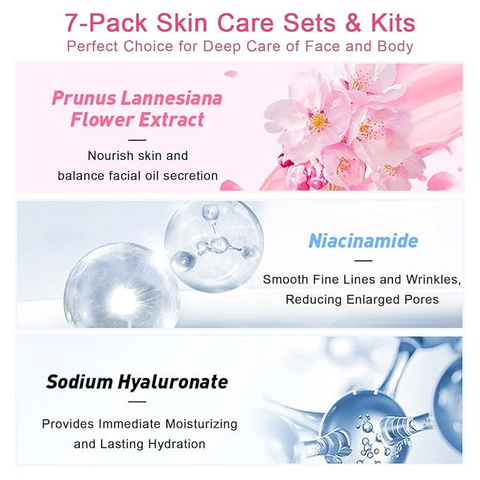 Skin Care Set JAPAN-SAKURA Women Beauty Gift Sets Skin Care Kit, Self-Care Skincare Set: Cleanser,Toner,Serum,Cream,Mud Mask,Eye Cream,Sunscreen, Facial Kit for Women Teen Girls Mom Daughter 7pcs