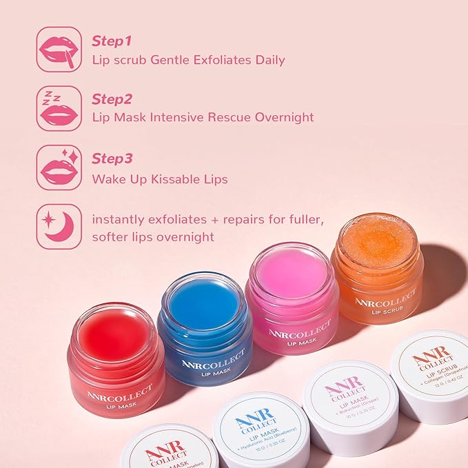 Lip Mask Set, 1 Lip Scrub +3 Overnight Lip Mask, Lip Glowy Balm and Scrub for Women, Exfoliating and Hydrating Dry, Chapped, Crack Lips, 4 Pack Lip Skincare Gift Set
