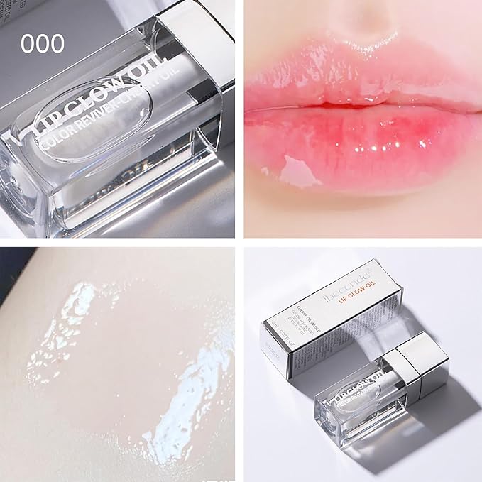 Hydrating Lip Glow Oil, Lip Oil Gloss Transparent Toot Tinted Nourishing Long Lasting Repairing Lightening Lip Lines (CLEAR) 0.2 OZ