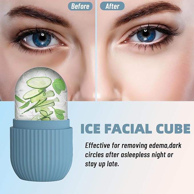 Upgraded Facial Ice Roller for Self Skin Care of all Types, Cold Face Ice Roller Facial Massager for Shrink Pores Anti Wrinkle Reduce Puffiness Improve Skin Elasticity, Striped (Blue)