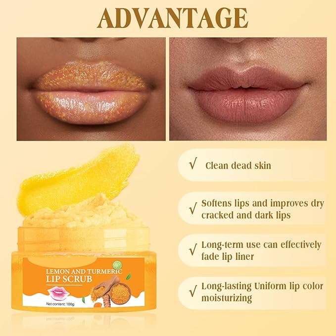 Turmeric Lemon Lip Scrub with Brush, Lip Scrubber Exfoliator for Dark Lips, Dry, Chapped Lips, Reduce Fine Lines, Natural Nourish Sugar Lip Scrub with Aloe Vera, Deep Hydration Moisturization 100g