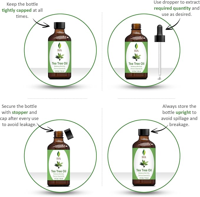 SVA Tea Tree Essential Oil – 4 Fl Oz – 100% Natural Tea Tree Oil - for Diffuser, Hair Care, Face, Skin Care, Aromatherapy, Scalp and Body Massage, Soap and Candle Making – with Dropper