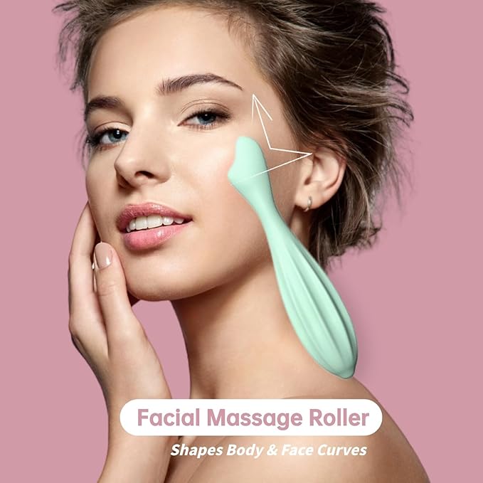 Silicone Facial Massage Roller, Face Massager Skin Lifting Tool Shapes Face Curves, Skin Care Beauty Lifting Contouring Massage Tool Reduces Tiredness Promote Circulation for Women (Green)