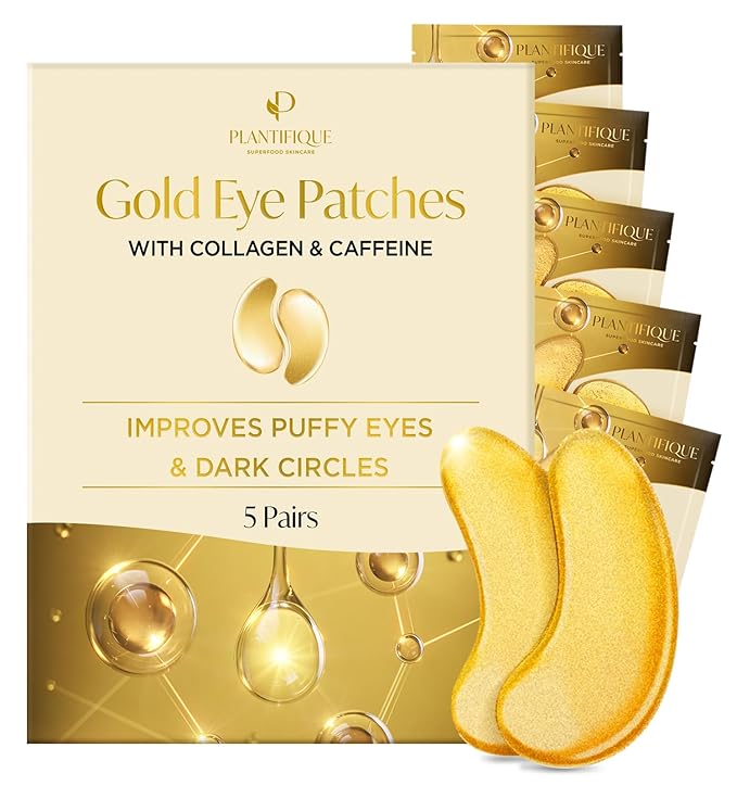 PLANTIFIQUE Korean Vitamin C Face Massage Serum and Gold Under Eye Patches for Puffy Eyes and Dark Circles 5 Pairs