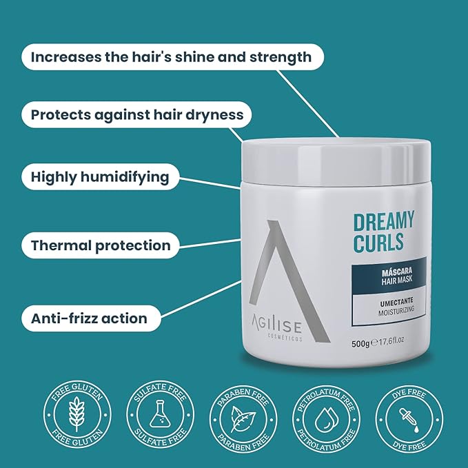 agilise - Dreamy Curls Hair Mask - Curl Hydrating Masks for Wavy and Coily Hair Care - VEGAN, Vegetal Keratin, Argan & Coconut Oil, Shea Butter - 17.6fl.oz/500g