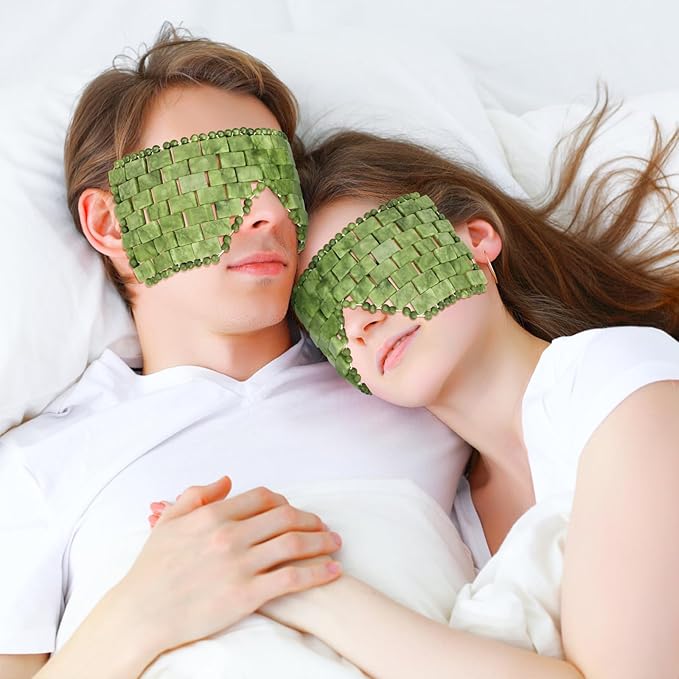 gemshan 3Pcs Jade Eye Mask and Scalp Massager Set Green Jade Stone Eye Mask Puffiness Esthetician Supplies Resin Gua Sha Comb for Scalp Stress Relief Deep Relaxation Gift