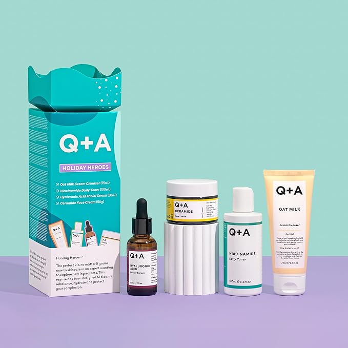 Holiday Heroes Skincare Giftset – 4-Step Regime with Oat Milk Cleanser, Niacinamide Toner, Hyaluronic Acid Serum, Ceramide Face Cream – Vegan, Cruelty-Free, UK Made, Nourishing and Hydrating