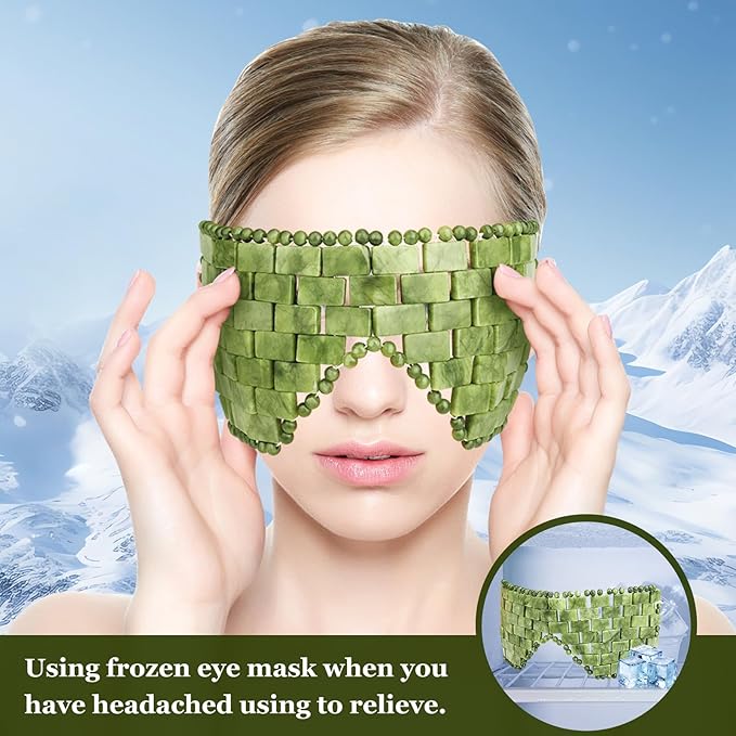 gemshan 3Pcs Jade Eye Mask and Scalp Massager Set Green Jade Stone Eye Mask Puffiness Esthetician Supplies Resin Gua Sha Comb for Scalp Stress Relief Deep Relaxation Gift
