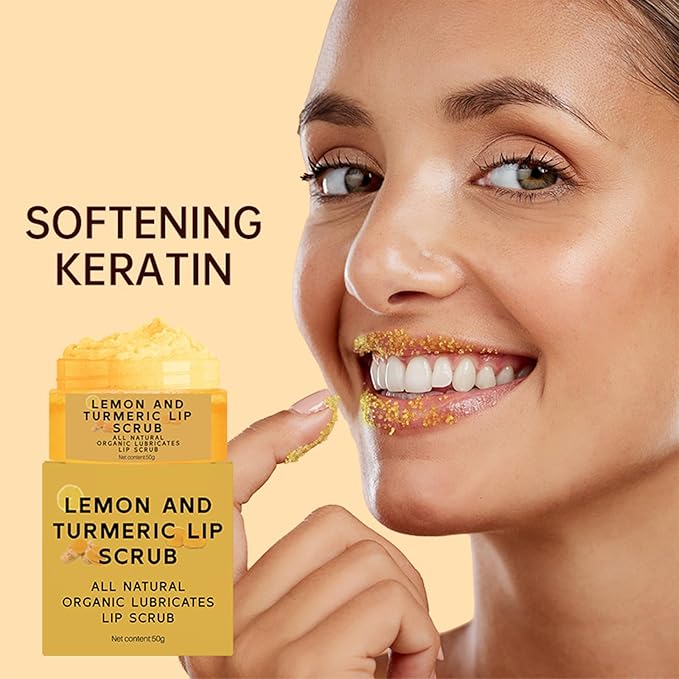 Turmeric Lemon Lip Scrub, Turmeric Lip Exfoliator with Aloe Vera Gentle Exfoliant Natural Lip Scrub for Dry, Chapped, Reduce Fine Lines Lip 50g