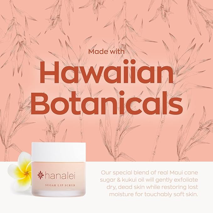 Hanalei Vegan Sugar Lip Scrub Exfoliator - Hawaiian Cane Sugar, Kukui Oil & Shea Butter for Smooth, Hydrated Lips - Natural, Cruelty-Free Lip Care, Removes Dry Skin, Moisturizes & Softens (22g)