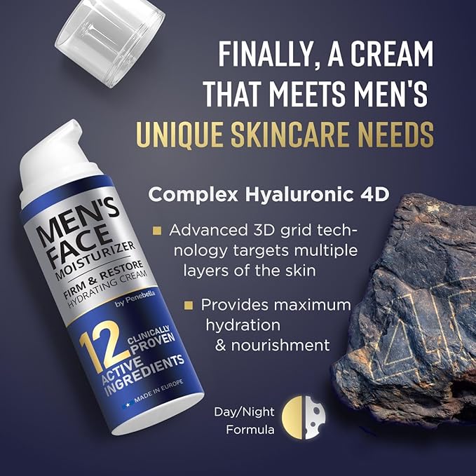 Mens Face Moisturizer - Deep Hydrating & Anti Aging Mens Lotion | Made in Europe | Vitamin C+E, Elastin, Hyaluronic 4D - Mens Face Cream for Daily Use - Eye, Face & Neck Mens Skin Care