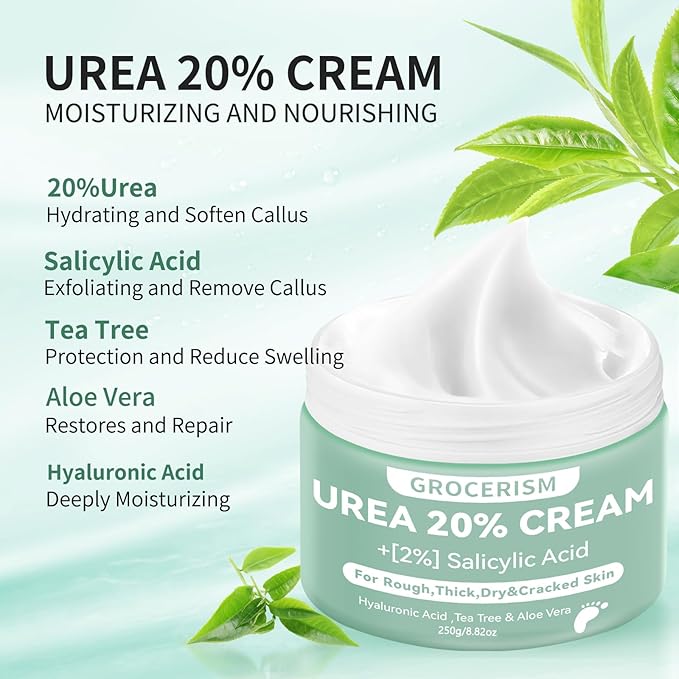 Urea Cream 20 Percent For Feet Plus 2% Salicylic Acid 8.82 oz || Foot Cream and Hand Cream Maximum Strength with Hyaluronic Acid, Tea Tree, and Aloe Vera for Deep Moisturizes, Callus Remover