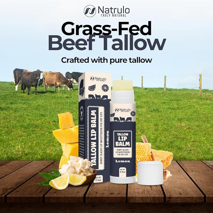 Beef Tallow Lip Balm – Natural Tallow Beeswax Chapstick – Hydrating Moisturizer Grass Fed Bison Tallow Balm Lip Care – Soothes Chapped, Dry Lips, Sensitive Skin – Long Lasting & Vitamin Rich USA-Made