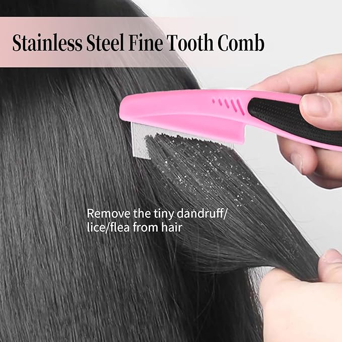 Dandruff Comb, Stainless Steel Fine Tooth Lice/Flea/Psoriasis Comb, Scalp Oil Buildup Removal Wide Hollow Tooth Button Hairbrush for Scalp Massage Care for Man Women and Kids, Set of 2 (Pink)