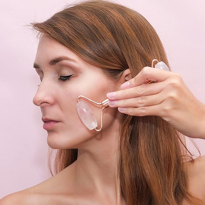 huefull Face Massager Rose Quartz Face Roller & Gua Sha Facial Tool Set, Muscle Tension Relief, Skin Care Gifts for Woman/Men, Self Care Gifts