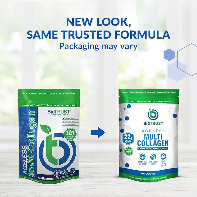 BioTrust Ageless Multi Collagen Protein Powder – 5 Collagen Types (I, II, III, V, X) for Hair, Skin, Nails & Joints – Grass Fed Beef, Sustainable Fish, Chicken & Eggshell Membrane (Unflavored, 2 Pack)