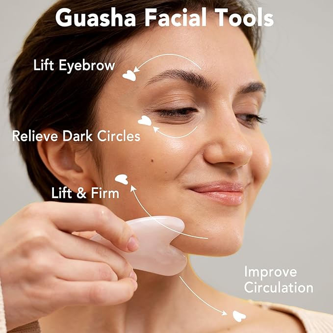 huefull Face Massager Rose Quartz Face Roller & Gua Sha Facial Tool Set, Muscle Tension Relief, Skin Care Gifts for Woman/Men, Self Care Gifts