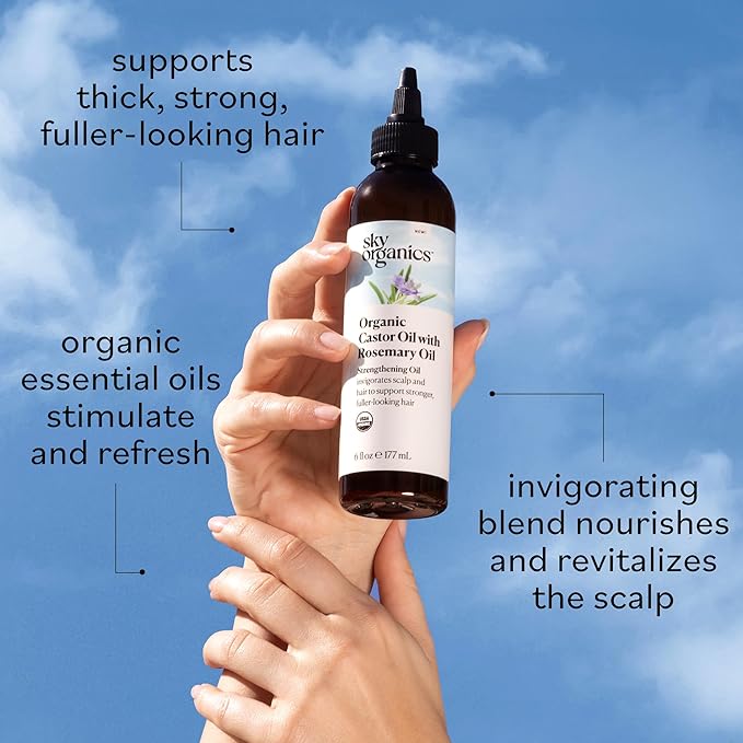 Sky Organics USDA Organic Castor Oil with Rosemary Oil, Strengthening Oil, Pure Potent Blend, Hexane Free, Invigorates Scalp, Supports Stronger, Fuller-Looking Hair, Textured Hair, 6 fl oz w ebook