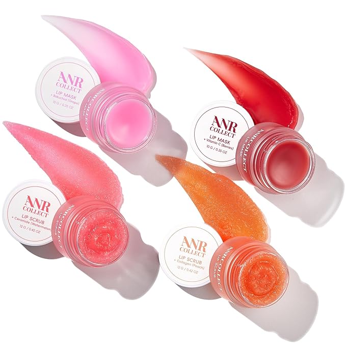 Lip Scrub & Lip Mask - Overnight Treatment Lip Care Kits with 2 Lip Exfoliator & 2 Sleeping Lip Balm, Intense Hydration Lip Set for Dry Chapped Cracked Lips, Exfoliate & Moisturize (4 Pack)