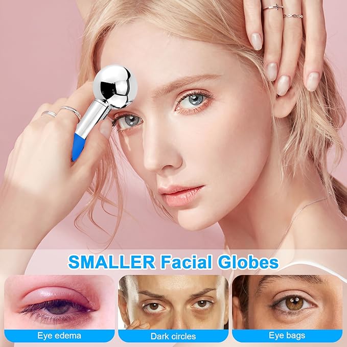 CGBE 360 Rotating Ice Globes for Face, Food-Grade Stainless Steel Facial Globes for Cryo Therapy, Smaller Ice Globes for Facials Reduce Wrinkles & Swelling - Blue