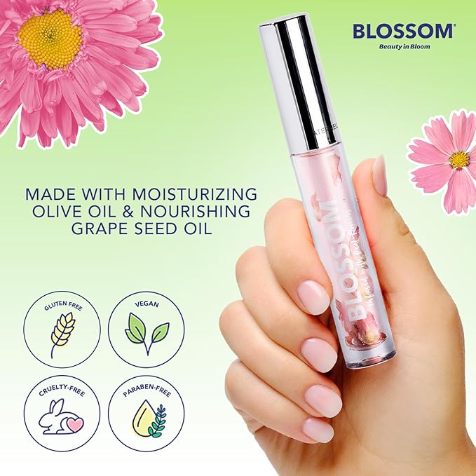 Blossom Lip Gloss & Lip Oil with Olive Oil + Grape Seed Oil, Moisturizing and Hydrating Shimmer Sparkle, Infused with Real Flowers, 3g, Watermelon