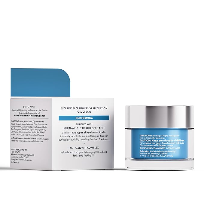 Eucerin Face Immersive Hydration Gel Cream with Hyaluronic Acid, Skin Care Gifts for Mom, Ultra-Lightweight Face Moisturizer Smooths Fine Lines and Wrinkles, 1.7 Oz Jar
