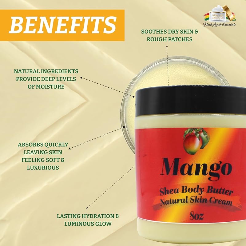 Ultra-Soft Shea Body Butter, Dry Skin Cream for Radiant Moisturized Skin, Natural Hydrating Body Lotion with Aloe Vera, Argan Oil, Rosehip Oil, (Mango, 8oz)